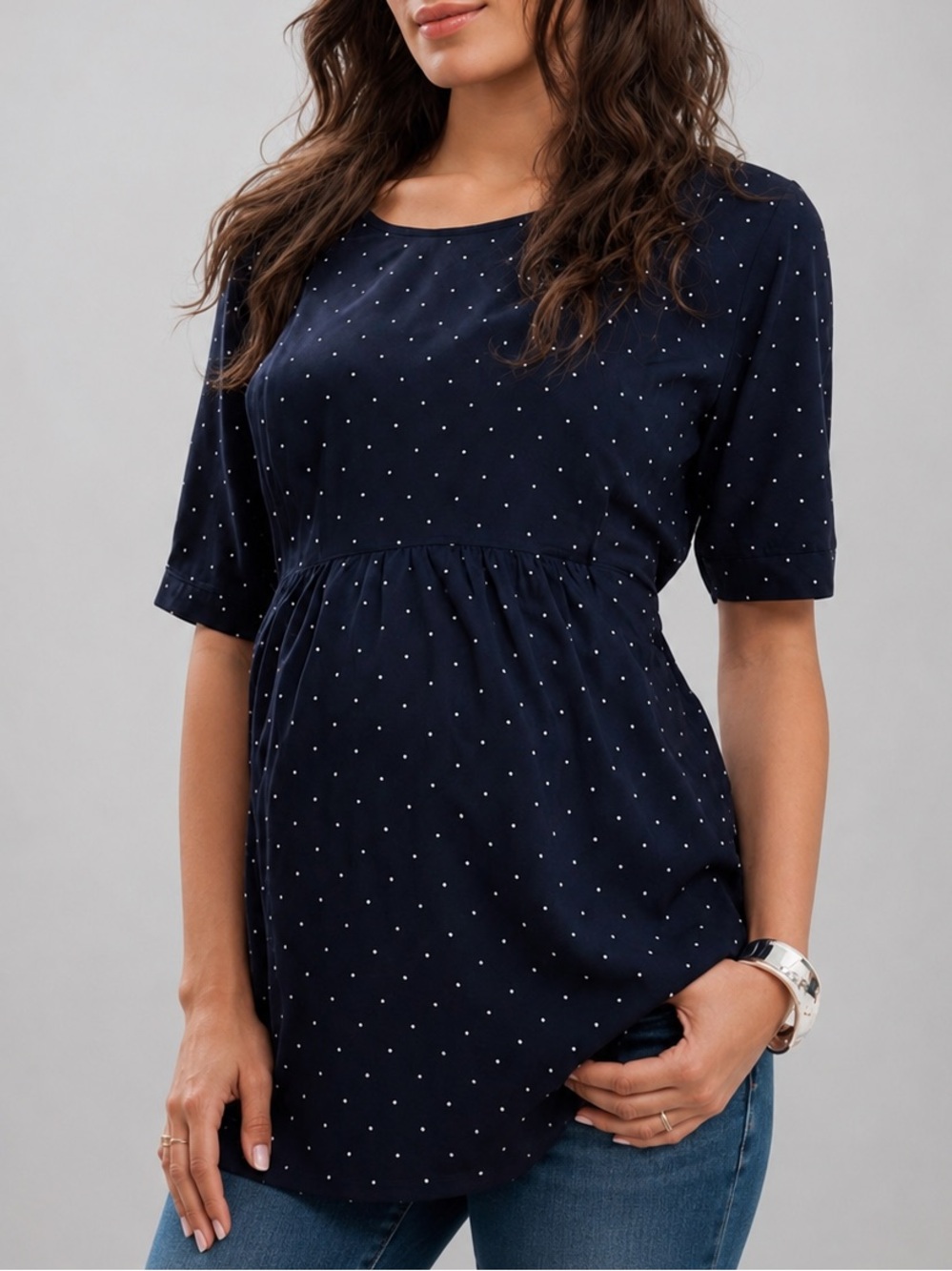 🆕🫐Seraphine Maternity & Nursing Navy Blue Polka Dot Blouse Top Size US 2 Viscose